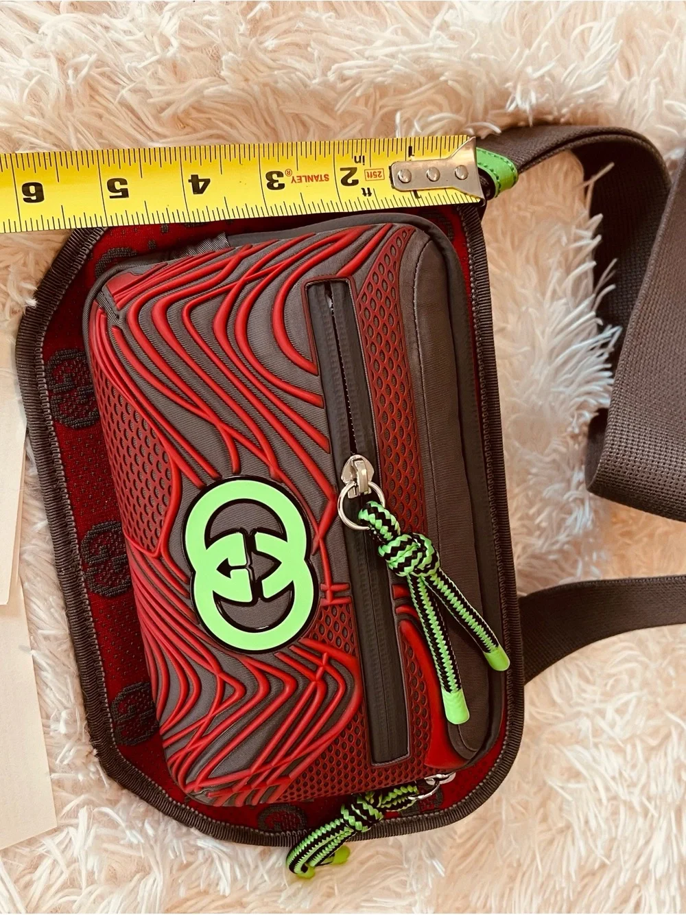 Red Leather Crossbody Belt Bag with Neon Green Accents
